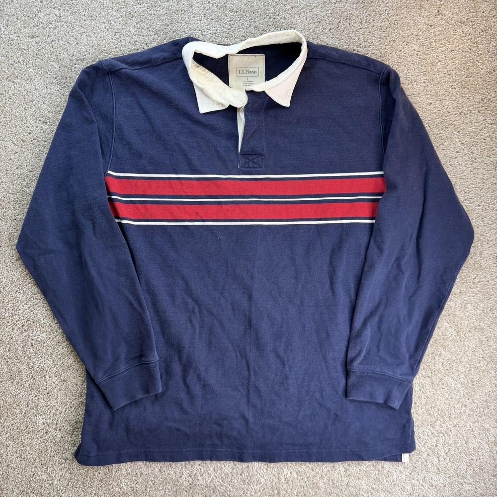 L.L. Bean Polo Shirt Mens Large Blue Stripe Cotton Long Sleeve Rugby Casual